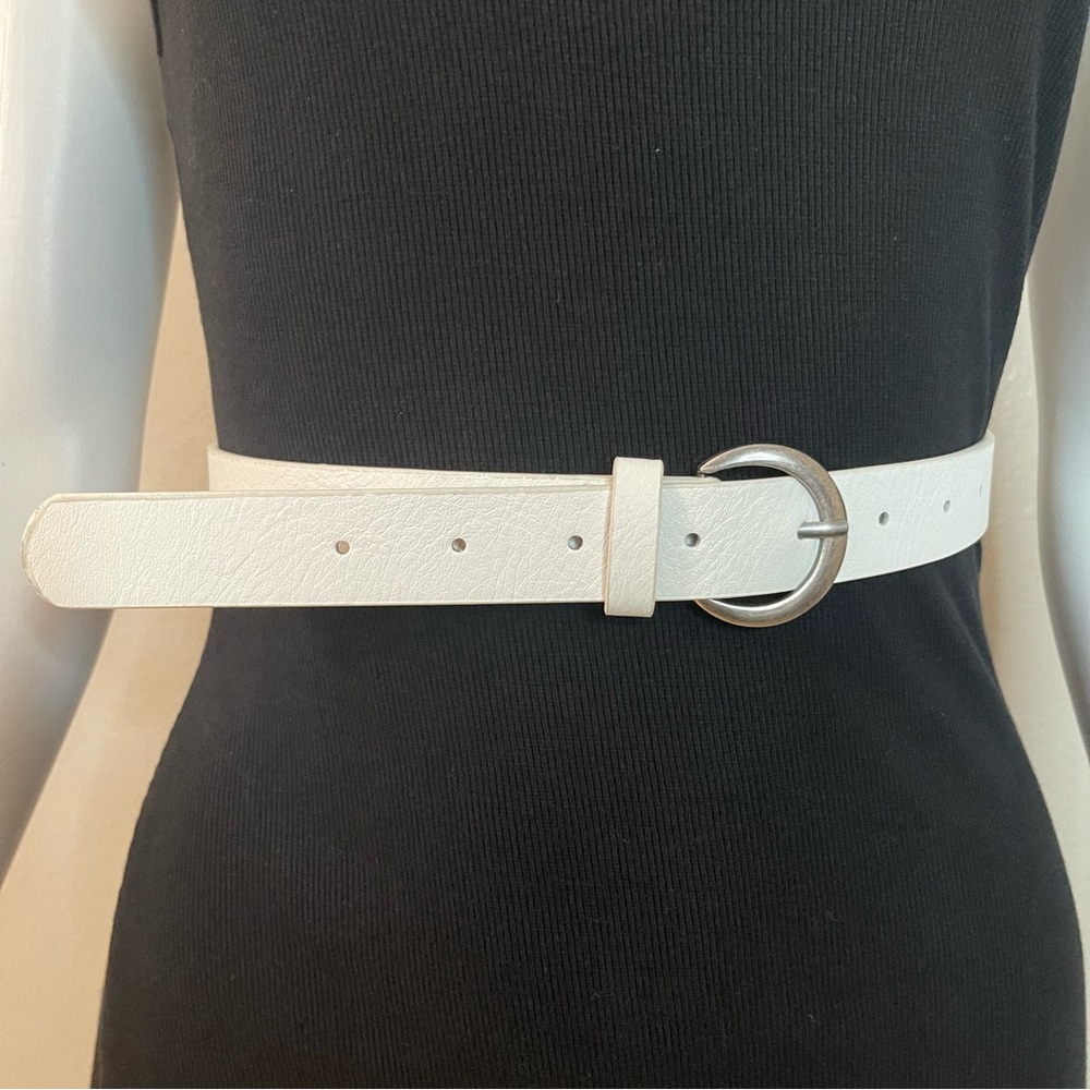 White distressed PU leather skinny belt